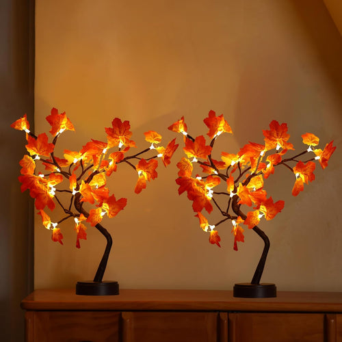 2 Pack Artificial Autumn Maple Tree with 24 LED Lights, Battery/USB Powered Thanksgiving Table Lamp, Fall Harvest Home Decor for Wedding Party Indoor Outdoor