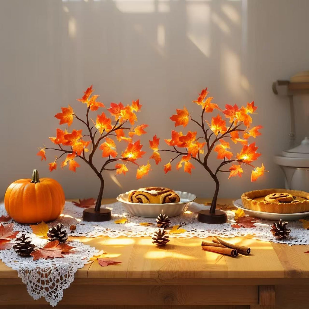 2 Pack Artificial Autumn Maple Tree with 24 LED Lights, Battery/USB Powered Thanksgiving Table Lamp, Fall Harvest Home Decor for Wedding Party Indoor Outdoor