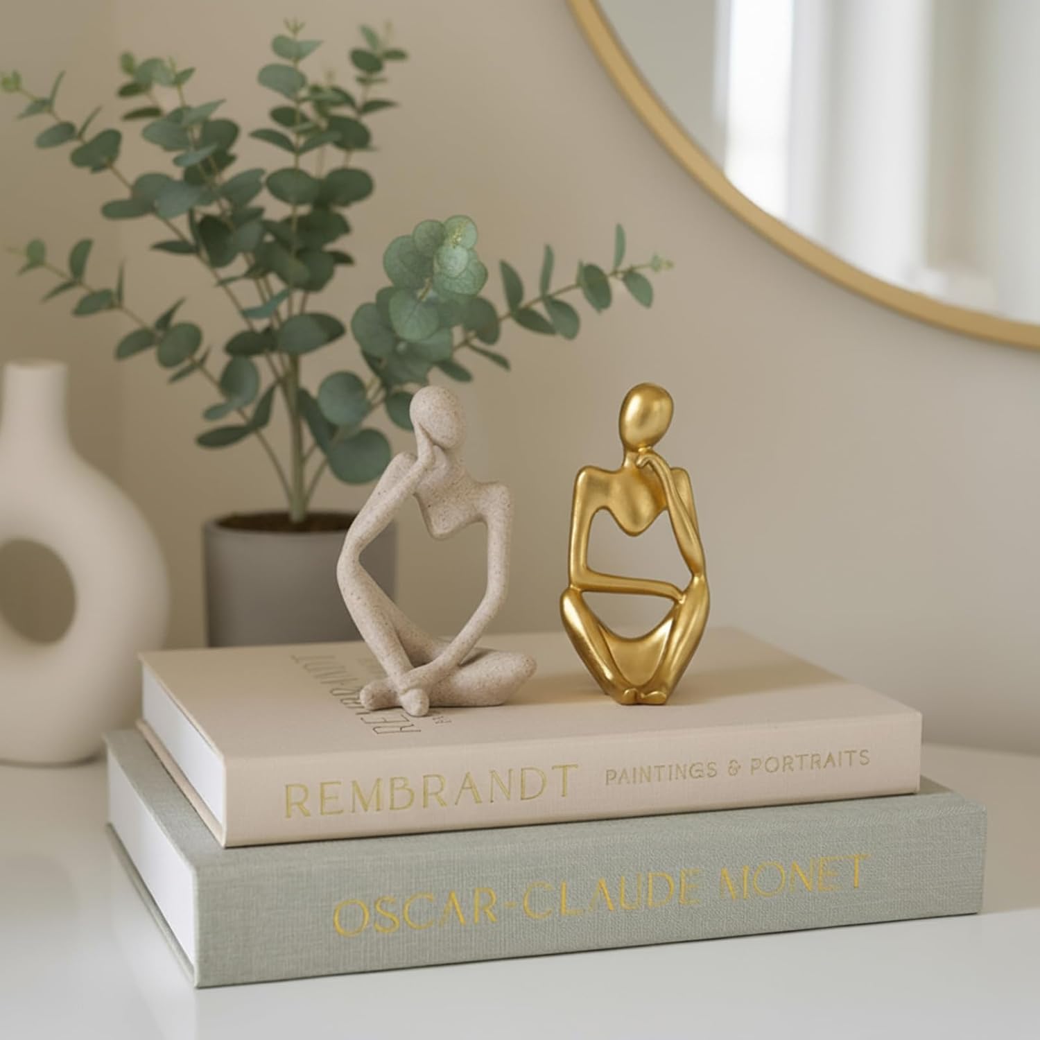 4 Pcs Decorative Books & Thinker StatueSet - Linen Boxes & Resin Sculptures Enhance Your Coffee Table, Bookshelf or Mantle Decor - Living or Entryway Home Decoration Aesthetic, Photo/Keepsake Storage