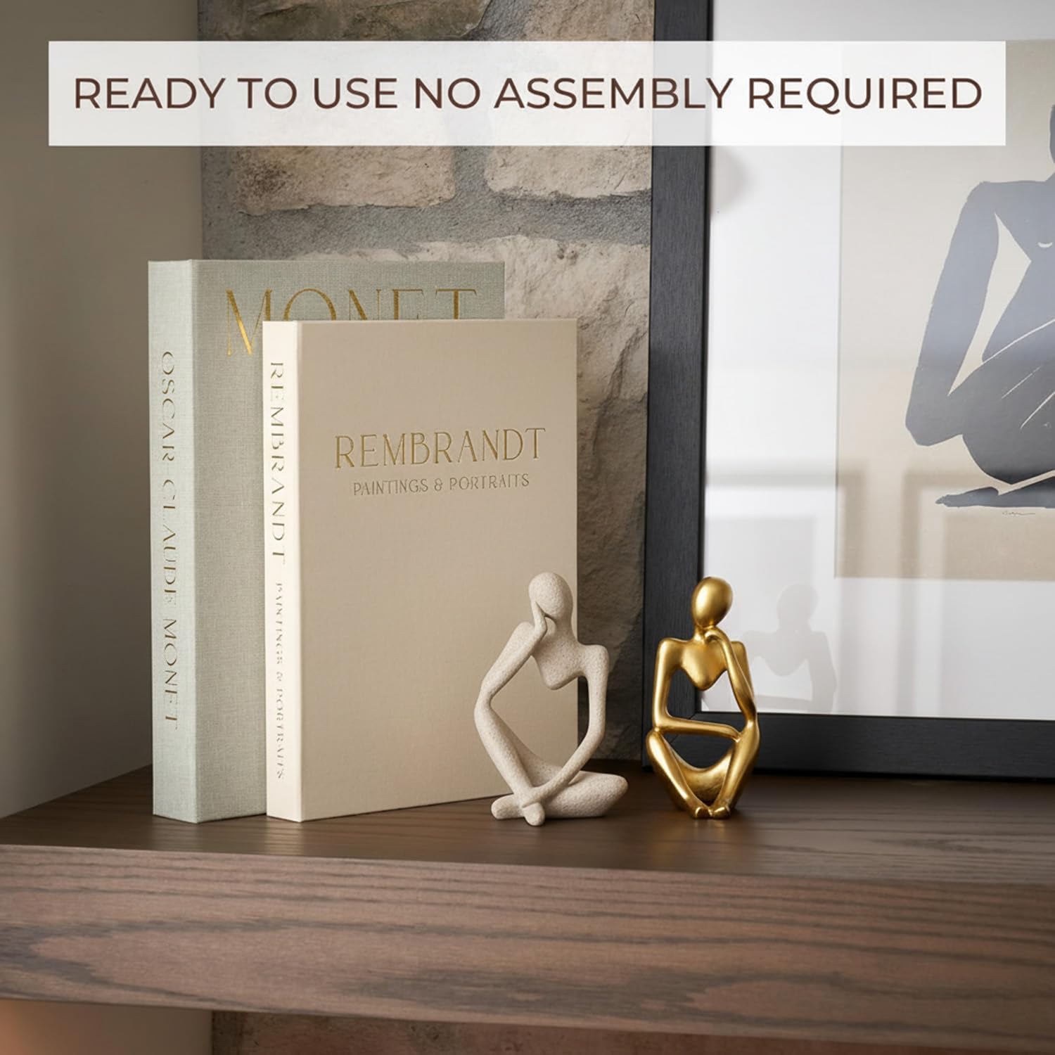 4 Pcs Decorative Books & Thinker StatueSet - Linen Boxes & Resin Sculptures Enhance Your Coffee Table, Bookshelf or Mantle Decor - Living or Entryway Home Decoration Aesthetic, Photo/Keepsake Storage