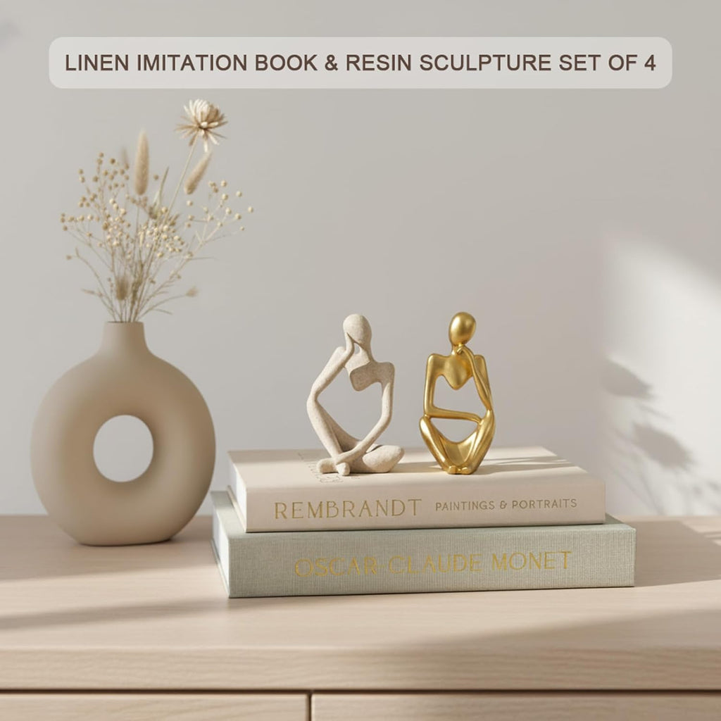 4 Pcs Decorative Books & Thinker StatueSet - Linen Boxes & Resin Sculptures Enhance Your Coffee Table, Bookshelf or Mantle Decor - Living or Entryway Home Decoration Aesthetic, Photo/Keepsake Storage