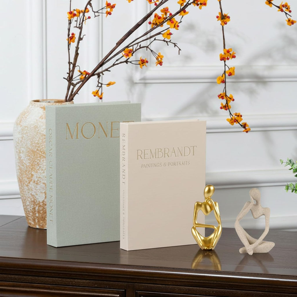 4 Pcs Decorative Books & Thinker StatueSet - Linen Boxes & Resin Sculptures Enhance Your Coffee Table, Bookshelf or Mantle Decor - Living or Entryway Home Decoration Aesthetic, Photo/Keepsake Storage