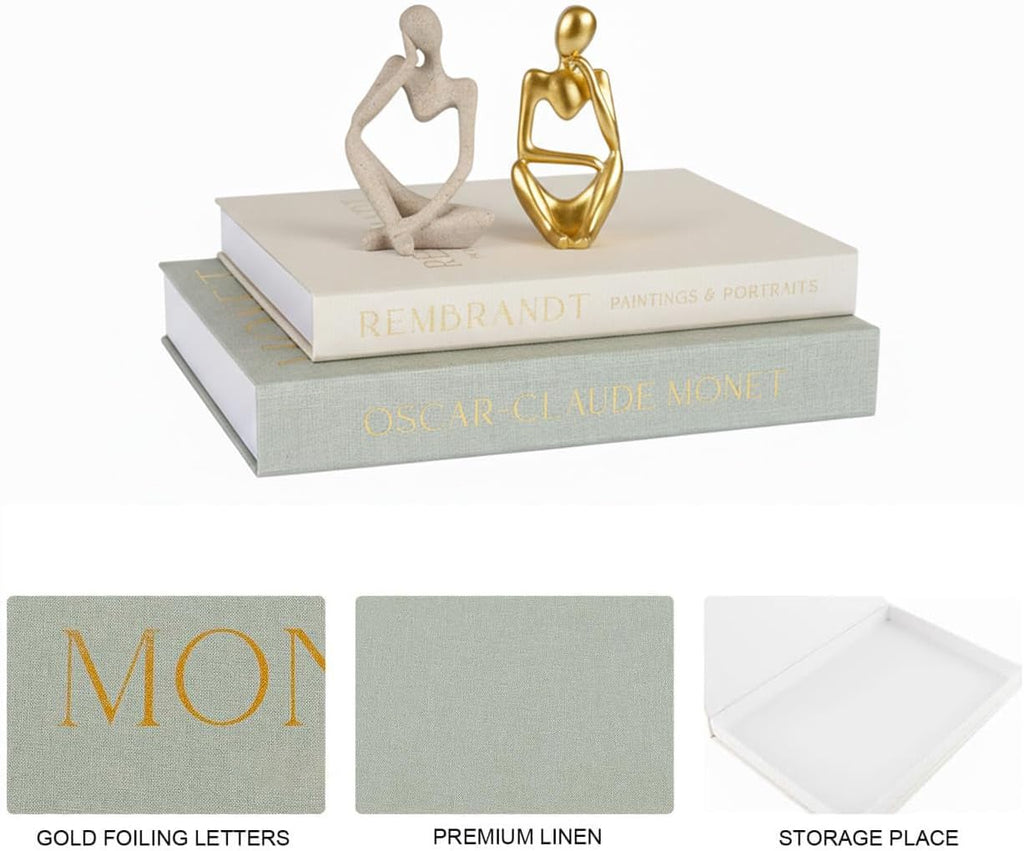4 Pcs Decorative Books & Thinker StatueSet - Linen Boxes & Resin Sculptures Enhance Your Coffee Table, Bookshelf or Mantle Decor - Living or Entryway Home Decoration Aesthetic, Photo/Keepsake Storage