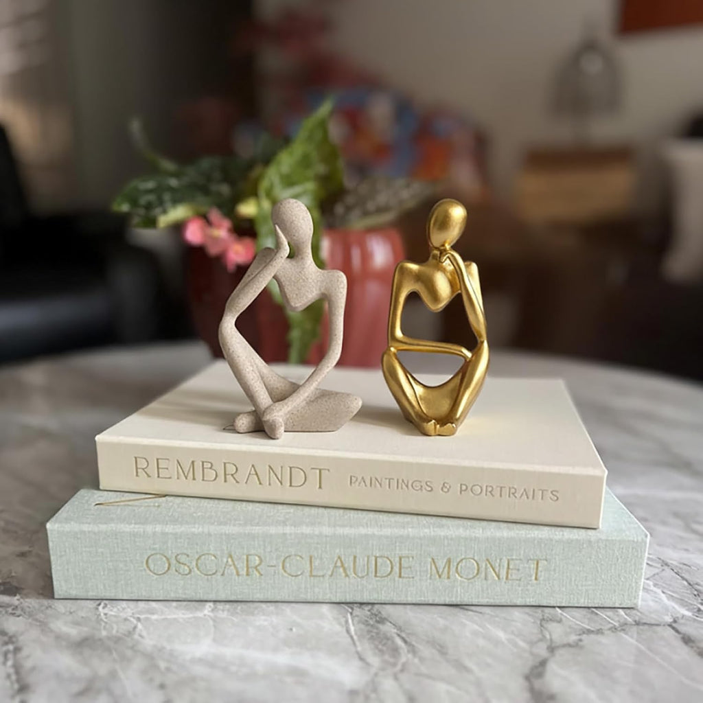 4 Pcs Decorative Books & Thinker StatueSet - Linen Boxes & Resin Sculptures Enhance Your Coffee Table, Bookshelf or Mantle Decor - Living or Entryway Home Decoration Aesthetic, Photo/Keepsake Storage