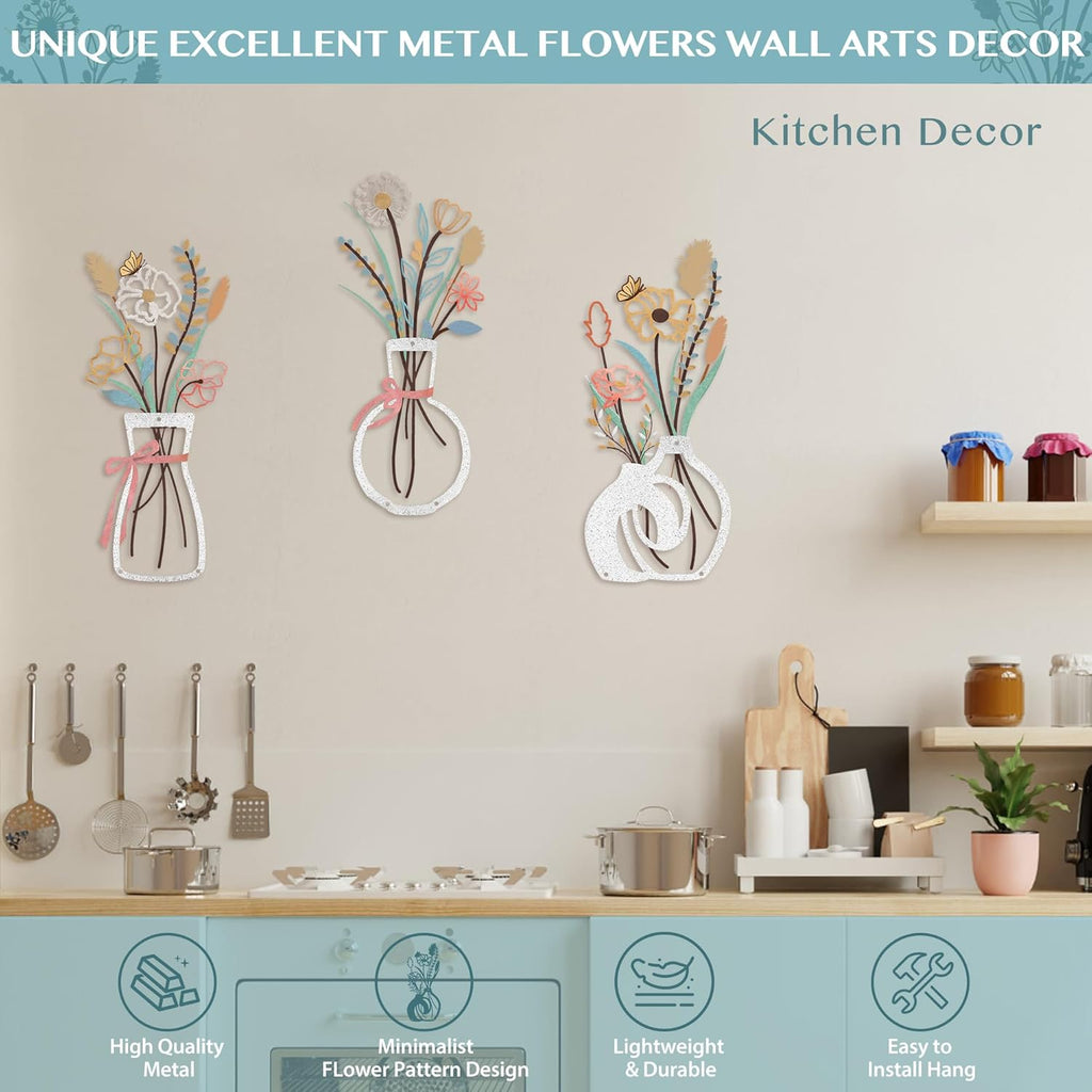 3PCS Metal Flowers Wall Decor for Living Room-Boho Floral Wall Art for Kitchen-Rustic Work for Farmhouse,Living Room,Bathroom,Laundry Room,Office,3D Flower Bow Butterfly Sculptures-Housewarming Gifts