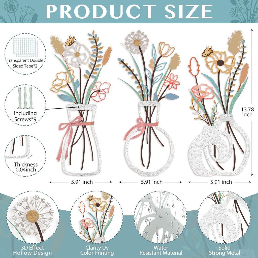 3PCS Metal Flowers Wall Decor for Living Room-Boho Floral Wall Art for Kitchen-Rustic Work for Farmhouse,Living Room,Bathroom,Laundry Room,Office,3D Flower Bow Butterfly Sculptures-Housewarming Gifts