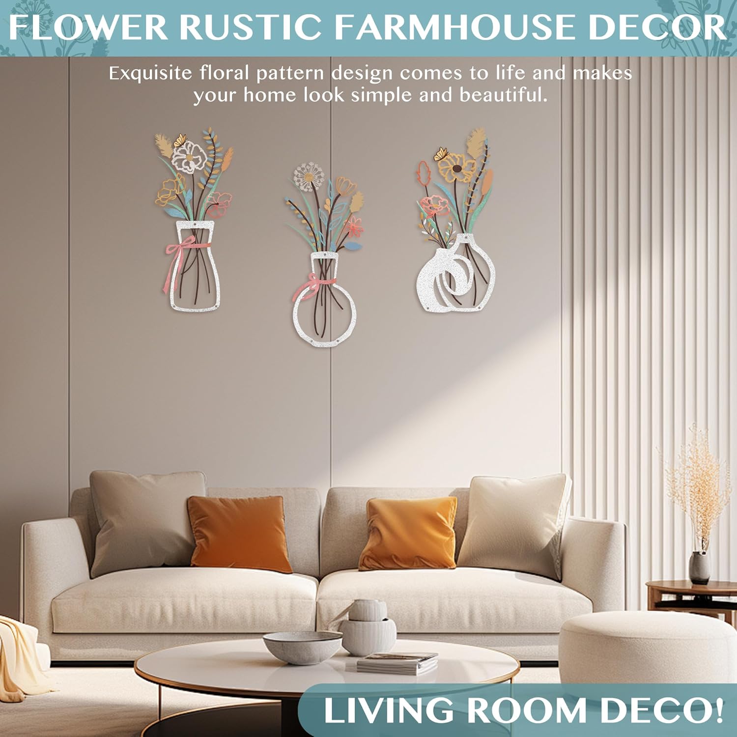 3PCS Metal Flowers Wall Decor for Living Room-Boho Floral Wall Art for Kitchen-Rustic Work for Farmhouse,Living Room,Bathroom,Laundry Room,Office,3D Flower Bow Butterfly Sculptures-Housewarming Gifts