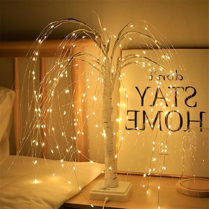 192 LEDs Artificial Willow Branch Lights 8 Modes Artificial Willow Tree Atmosphere Table Lamp 20 Inch LED Christmas Willow Tabletop Desk Lamp for New Year Halloween Birthday Wedding Home Decor (White)