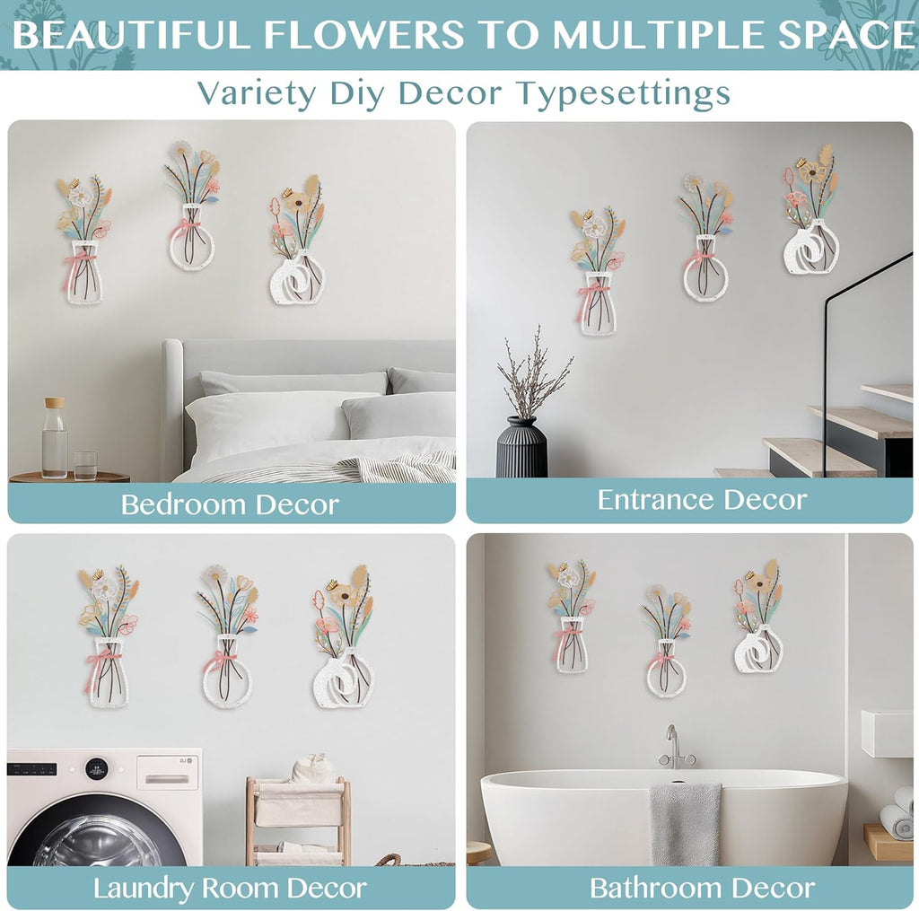 3PCS Metal Flowers Wall Decor for Living Room-Boho Floral Wall Art for Kitchen-Rustic Work for Farmhouse,Living Room,Bathroom,Laundry Room,Office,3D Flower Bow Butterfly Sculptures-Housewarming Gifts