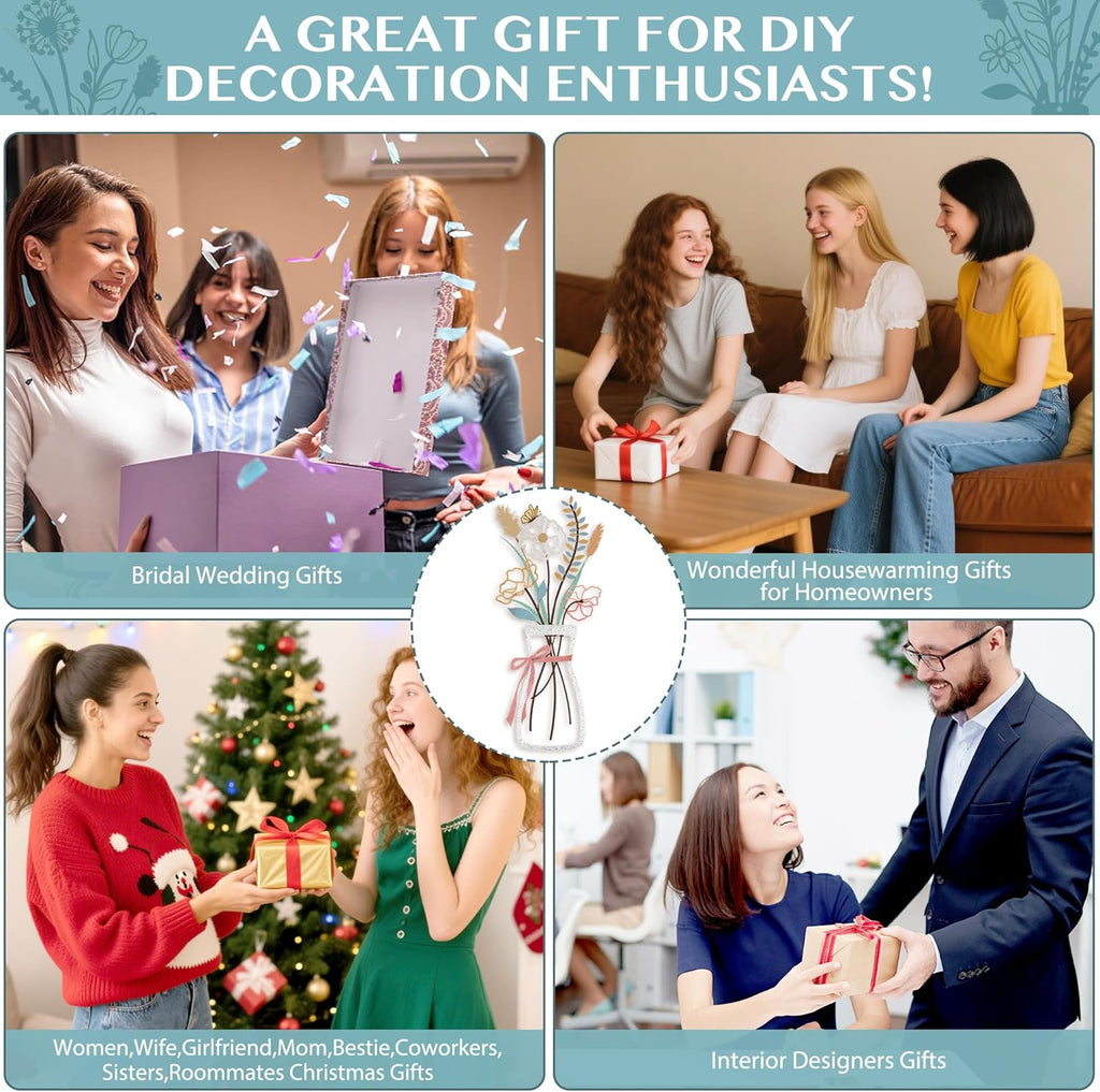 3PCS Metal Flowers Wall Decor for Living Room-Boho Floral Wall Art for Kitchen-Rustic Work for Farmhouse,Living Room,Bathroom,Laundry Room,Office,3D Flower Bow Butterfly Sculptures-Housewarming Gifts