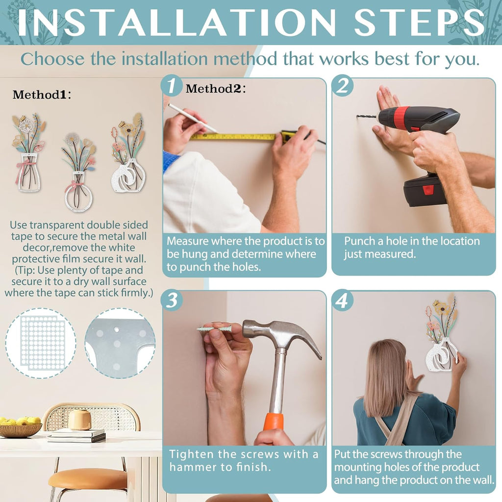 3PCS Metal Flowers Wall Decor for Living Room-Boho Floral Wall Art for Kitchen-Rustic Work for Farmhouse,Living Room,Bathroom,Laundry Room,Office,3D Flower Bow Butterfly Sculptures-Housewarming Gifts