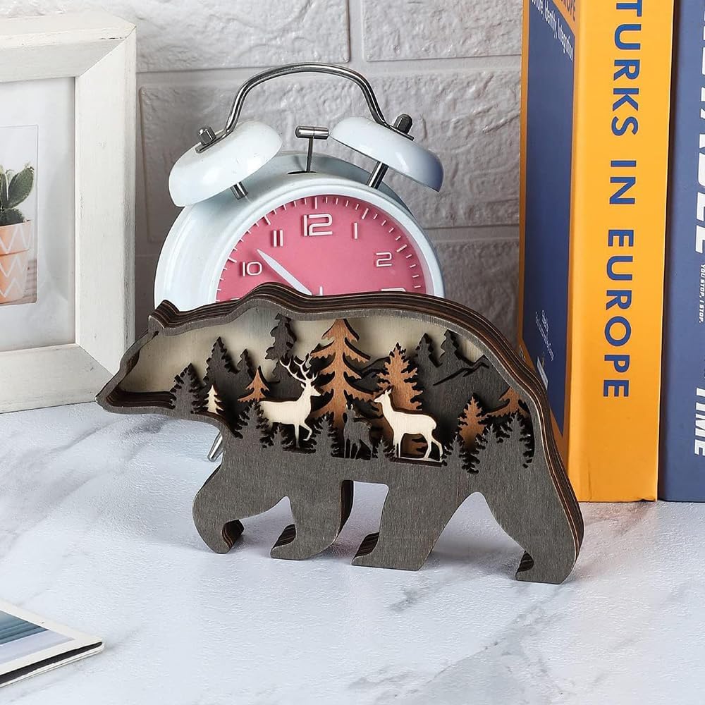 3D Wooden Sculptures Ornament for Decor, Multi-Layer Animal Forest Wood Carving Decoration Statues for Home Living Room Bedroom Office Desk, Gorgeous Gift for Friends Family Christmas Birthday(Bear)