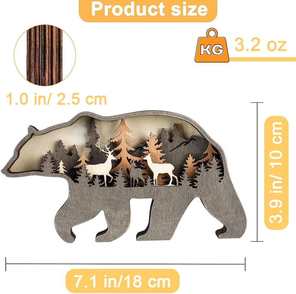 3D Wooden Sculptures Ornament for Decor, Multi-Layer Animal Forest Wood Carving Decoration Statues for Home Living Room Bedroom Office Desk, Gorgeous Gift for Friends Family Christmas Birthday(Bear)