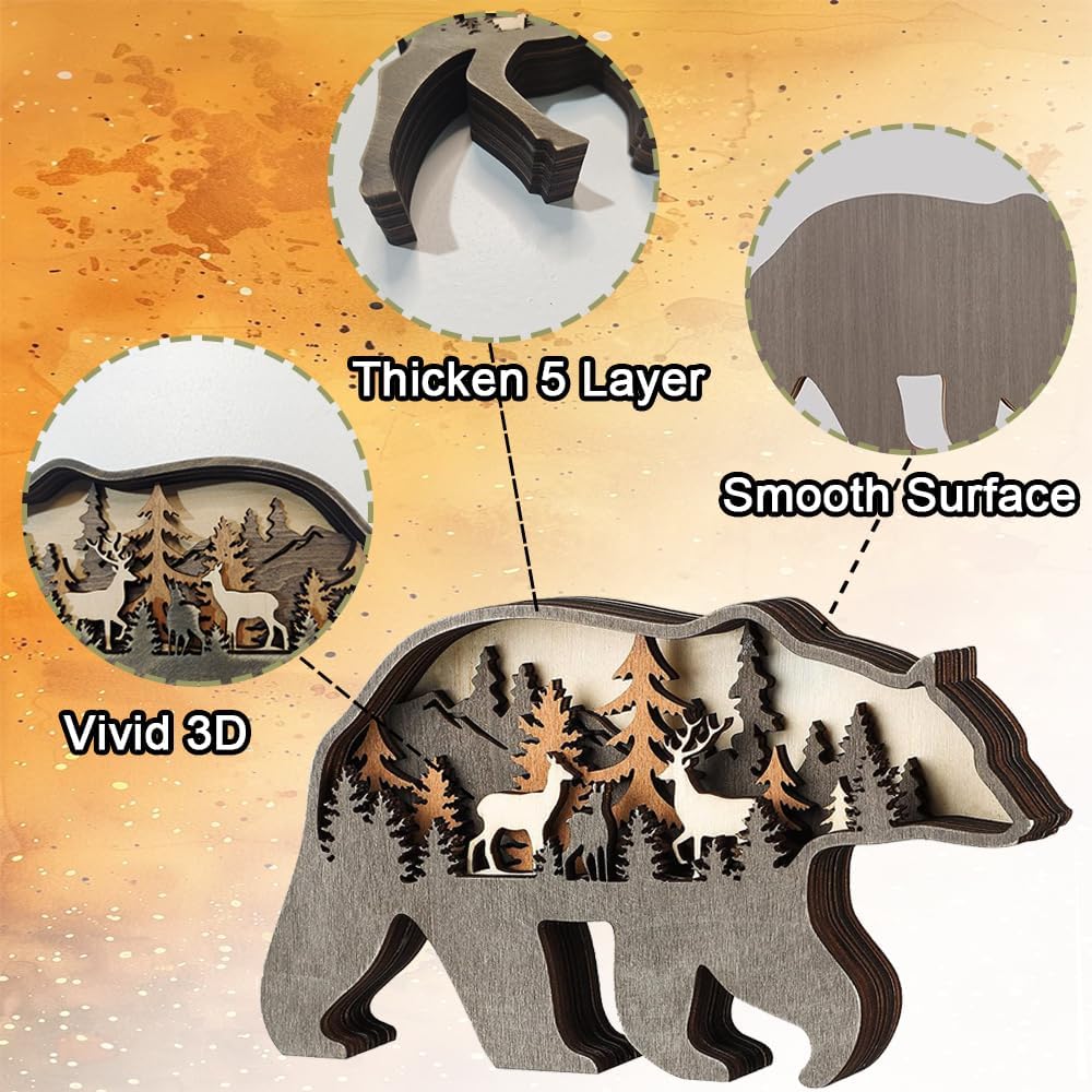 3D Wooden Sculptures Ornament for Decor, Multi-Layer Animal Forest Wood Carving Decoration Statues for Home Living Room Bedroom Office Desk, Gorgeous Gift for Friends Family Christmas Birthday(Bear)