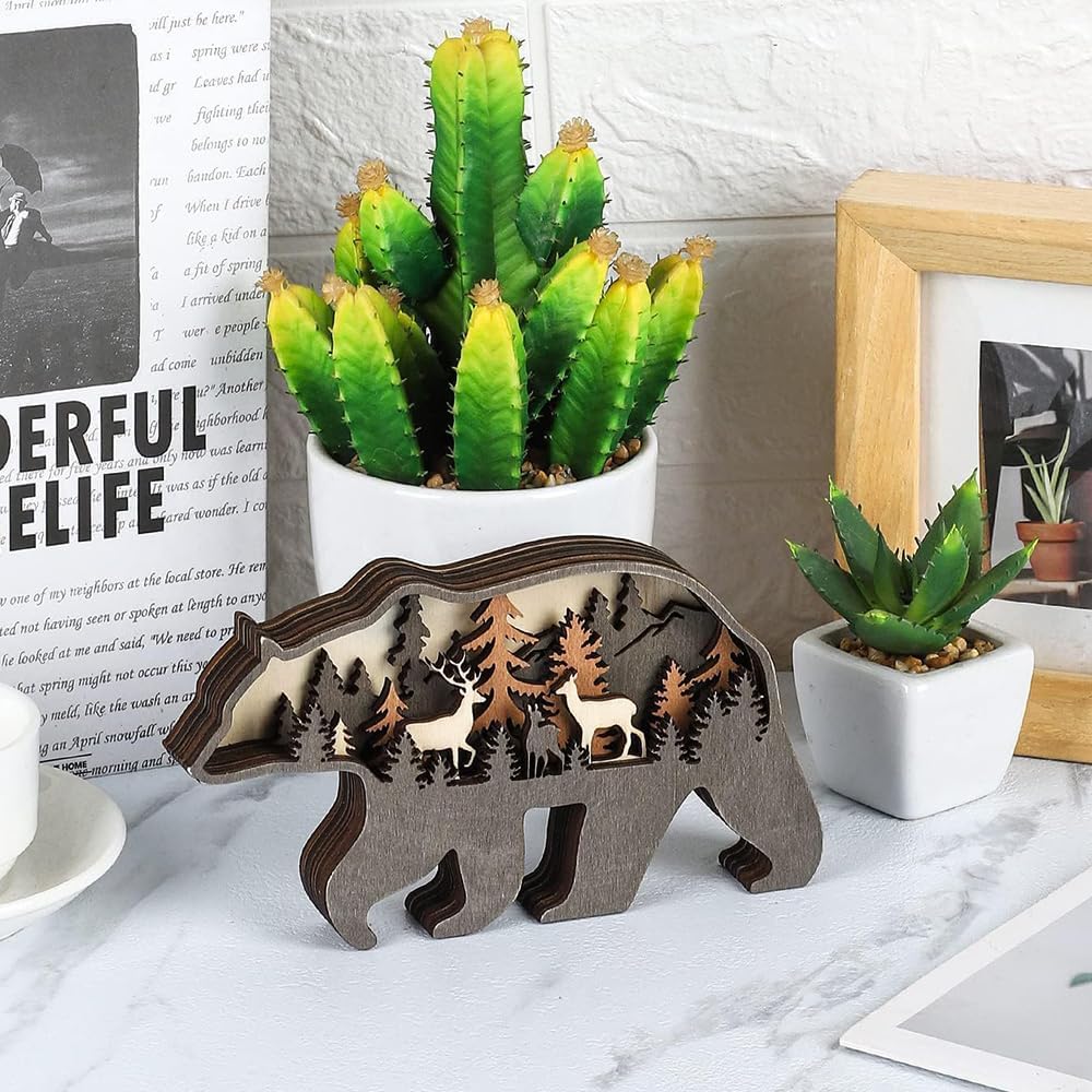 3D Wooden Sculptures Ornament for Decor, Multi-Layer Animal Forest Wood Carving Decoration Statues for Home Living Room Bedroom Office Desk, Gorgeous Gift for Friends Family Christmas Birthday(Bear)