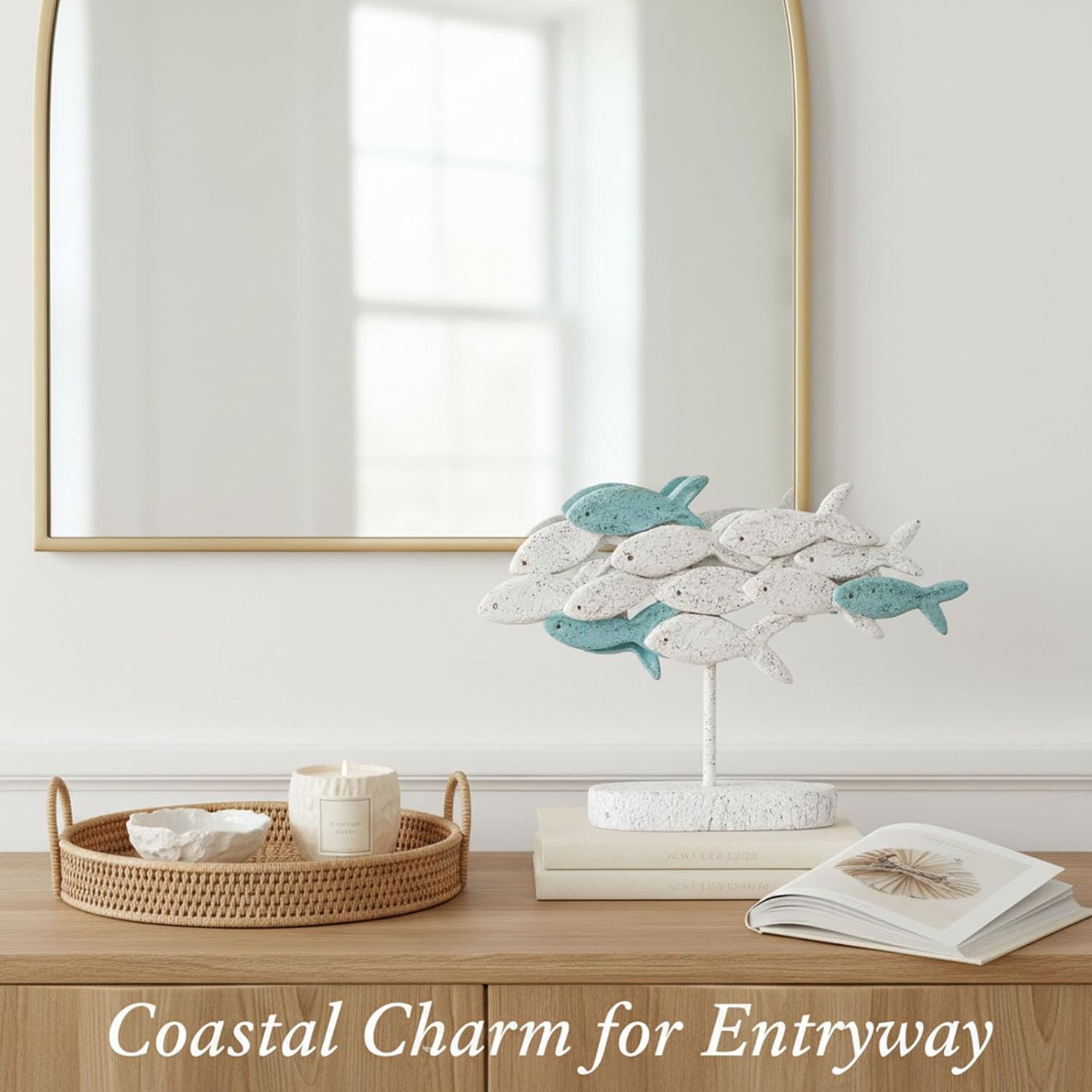 Beach Coastal Decor Coral Reef Angelfish Home Office Desk Rustic Centerpiece Table Decor Fish Sculpture Statue for Shelf Bathroom Decoration Ornament Gift,Sea Nautical Beach House Art Piece (White)