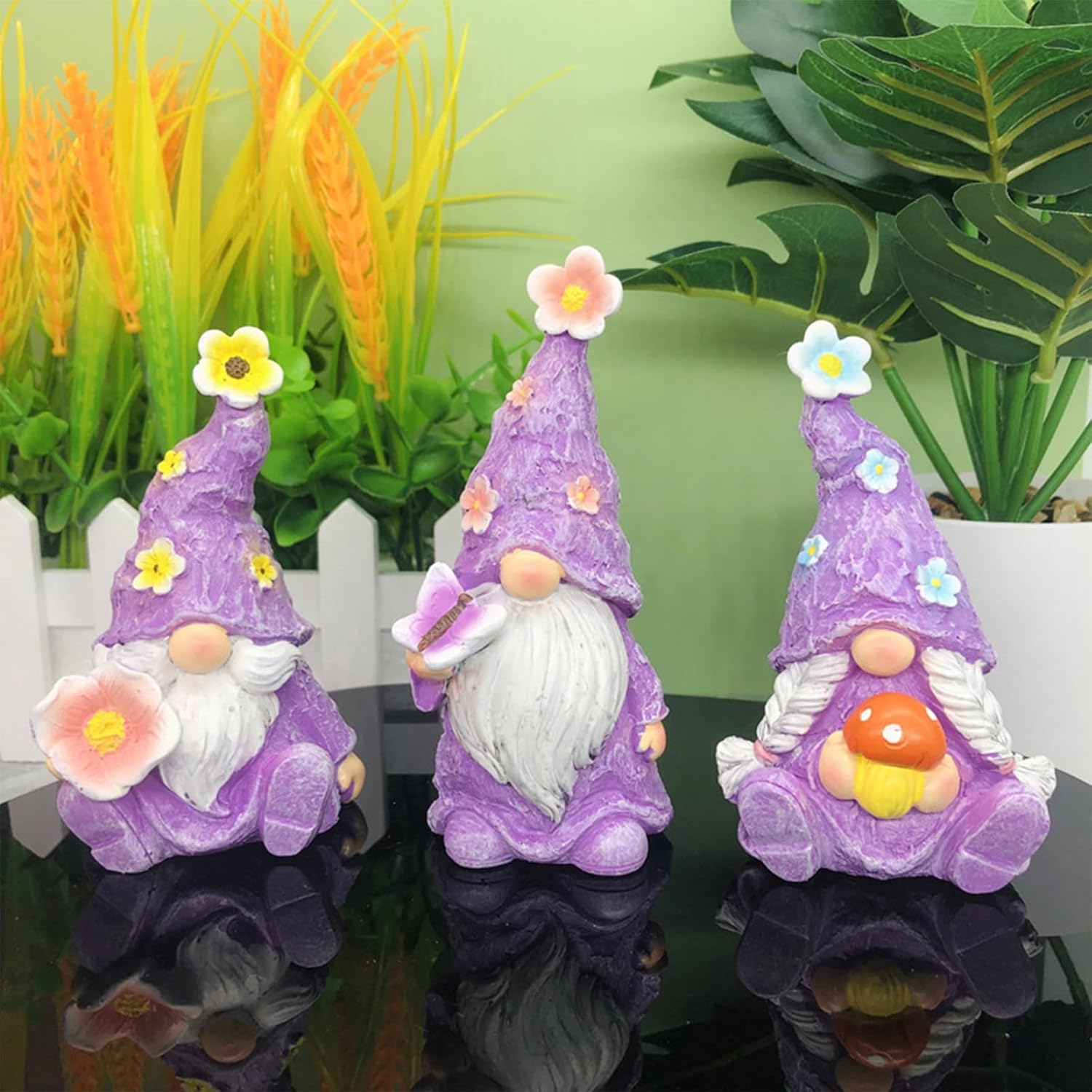 3pcs Garden Gnome Statue for Outdoor Decor, Butterflies Flowers Purple Gnomes Decor, Garden Sculptures & Statues, Gnome Romantic Indoor Ornament Forever Lover Gift (Butterflies Flowers Gnomes Purple)
