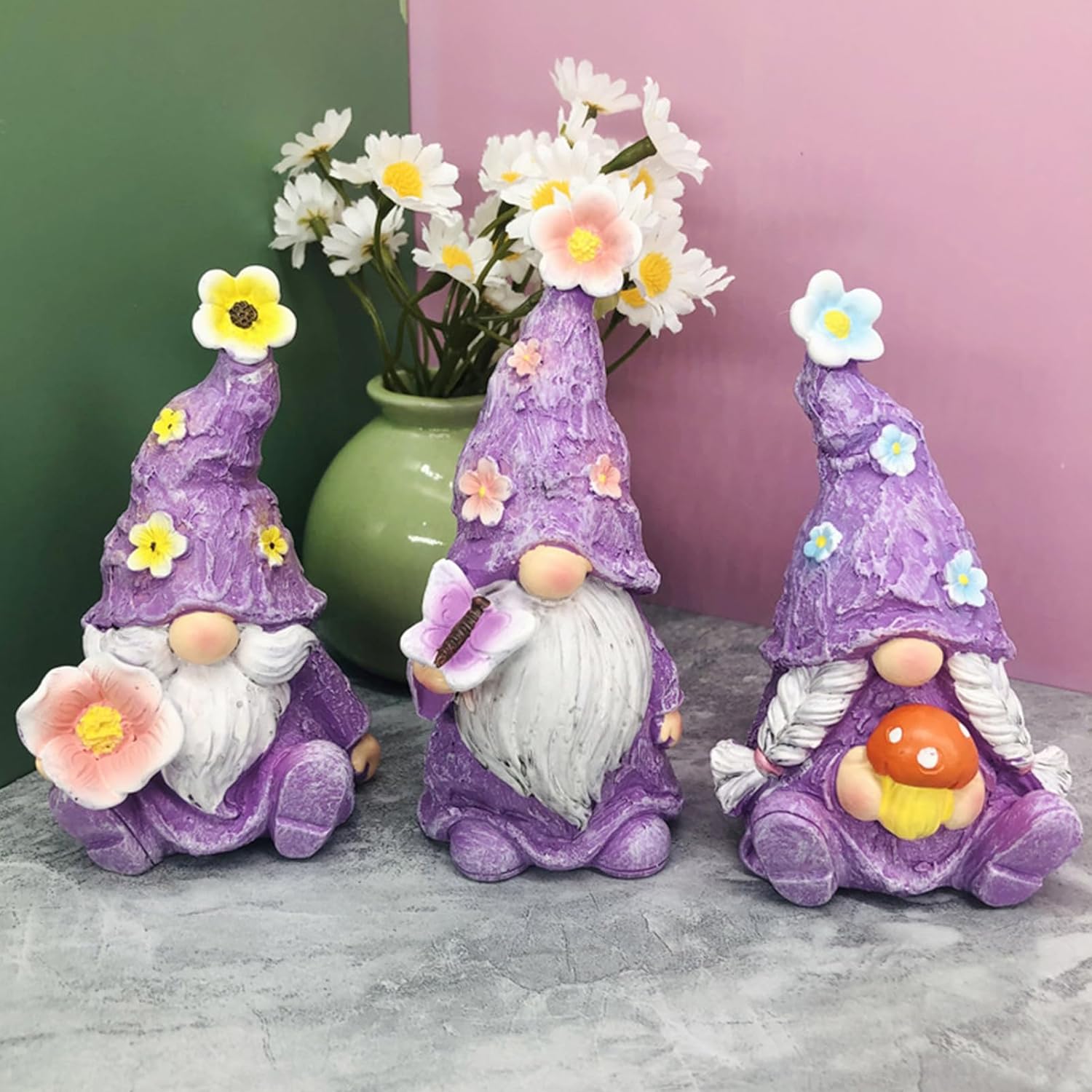 3pcs Garden Gnome Statue for Outdoor Decor, Butterflies Flowers Purple Gnomes Decor, Garden Sculptures & Statues, Gnome Romantic Indoor Ornament Forever Lover Gift (Butterflies Flowers Gnomes Purple)