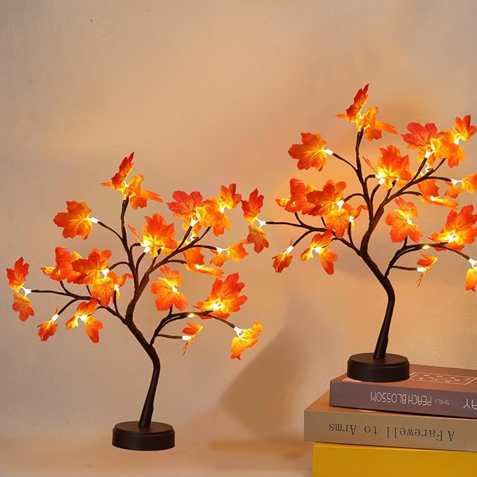 2 Pack Artificial Autumn Maple Tree with 24 LED Lights, Battery/USB Powered Thanksgiving Table Lamp, Fall Harvest Home Decor for Wedding Party Indoor Outdoor