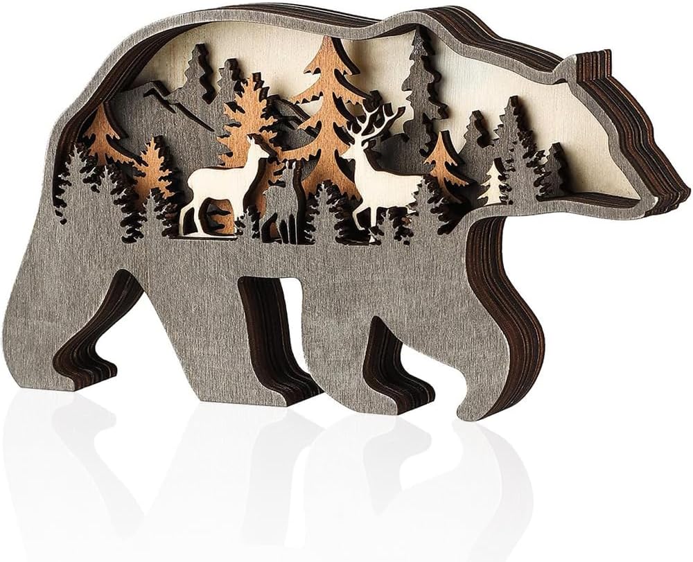 3D Wooden Sculptures Ornament for Decor, Multi-Layer Animal Forest Wood Carving Decoration Statues for Home Living Room Bedroom Office Desk, Gorgeous Gift for Friends Family Christmas Birthday(Bear)