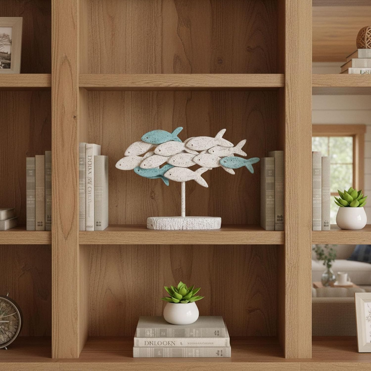 Beach Coastal Decor Coral Reef Angelfish Home Office Desk Rustic Centerpiece Table Decor Fish Sculpture Statue for Shelf Bathroom Decoration Ornament Gift,Sea Nautical Beach House Art Piece (White)