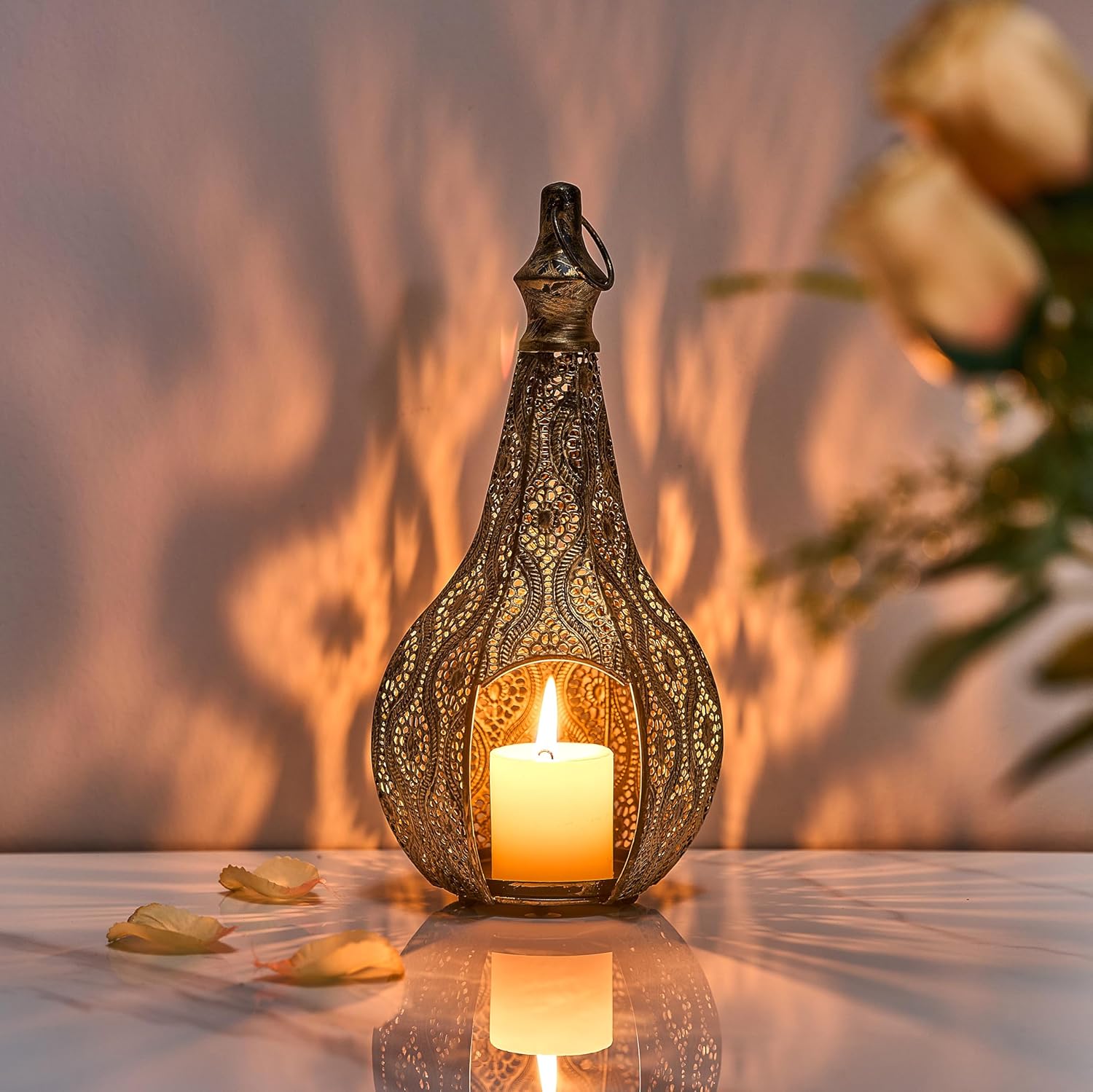 11.6inch Moroccan Lantern Lamp Decorative Candle Holders for Ramadan Decorations, Hanging, Outdoor Patio or Porch, Indoor Home Decor（Bronze）