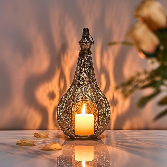 11.6inch Moroccan Lantern Lamp Decorative Candle Holders for Ramadan Decorations, Hanging, Outdoor Patio or Porch, Indoor Home Decor（Bronze）