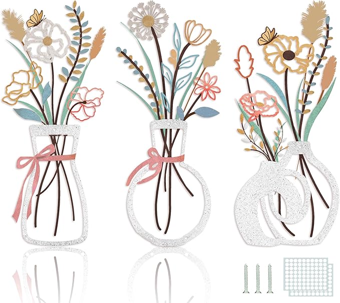 3PCS Metal Flowers Wall Decor for Living Room-Boho Floral Wall Art for Kitchen-Rustic Work for Farmhouse,Living Room,Bathroom,Laundry Room,Office,3D Flower Bow Butterfly Sculptures-Housewarming Gifts